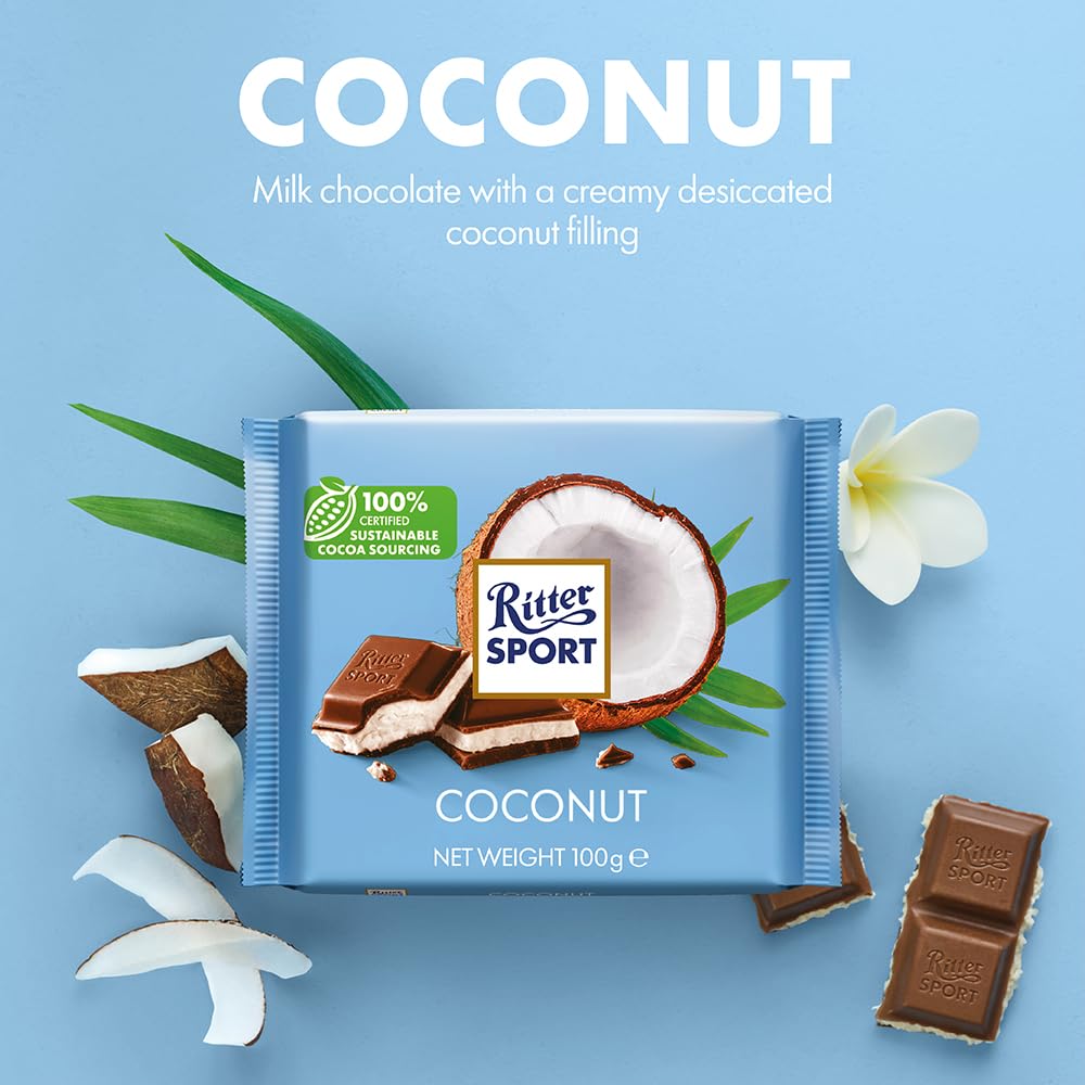 Ritter Sport Coconut Milk Chocolate Bar, 100g - Creamy Milk Chocolate with Desiccated Coconut Filling 3