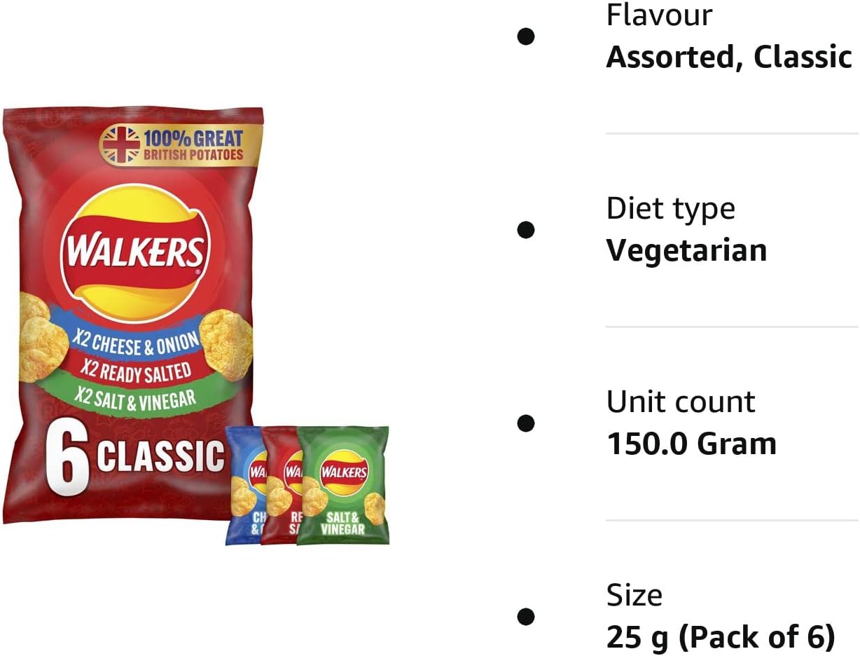 Walkers Classic Variety Multipack Crisps 6x25g - Ready Salted, Cheese & Onion, Salt & Vinegar 5