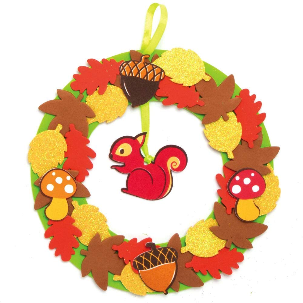Baker Ross Autumn Wreath Craft Kit - Pack of 3 Foam Wreath Templates with Glitter Stickers and Ribbon 3