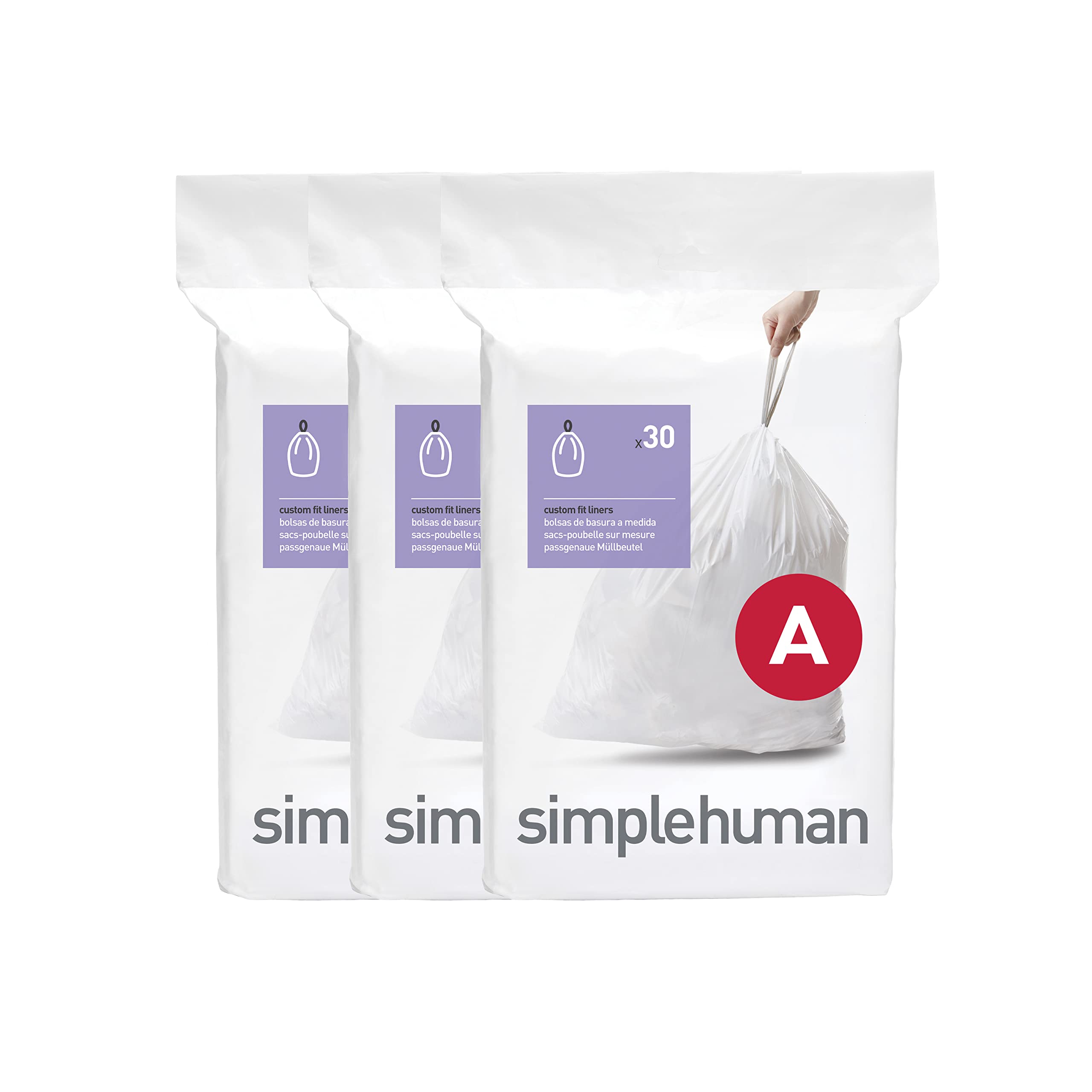simplehuman CW0250 Code A Custom Fit Bin Liner Bulk Pack, White (3 Packs of 30, 90 Total Liners)