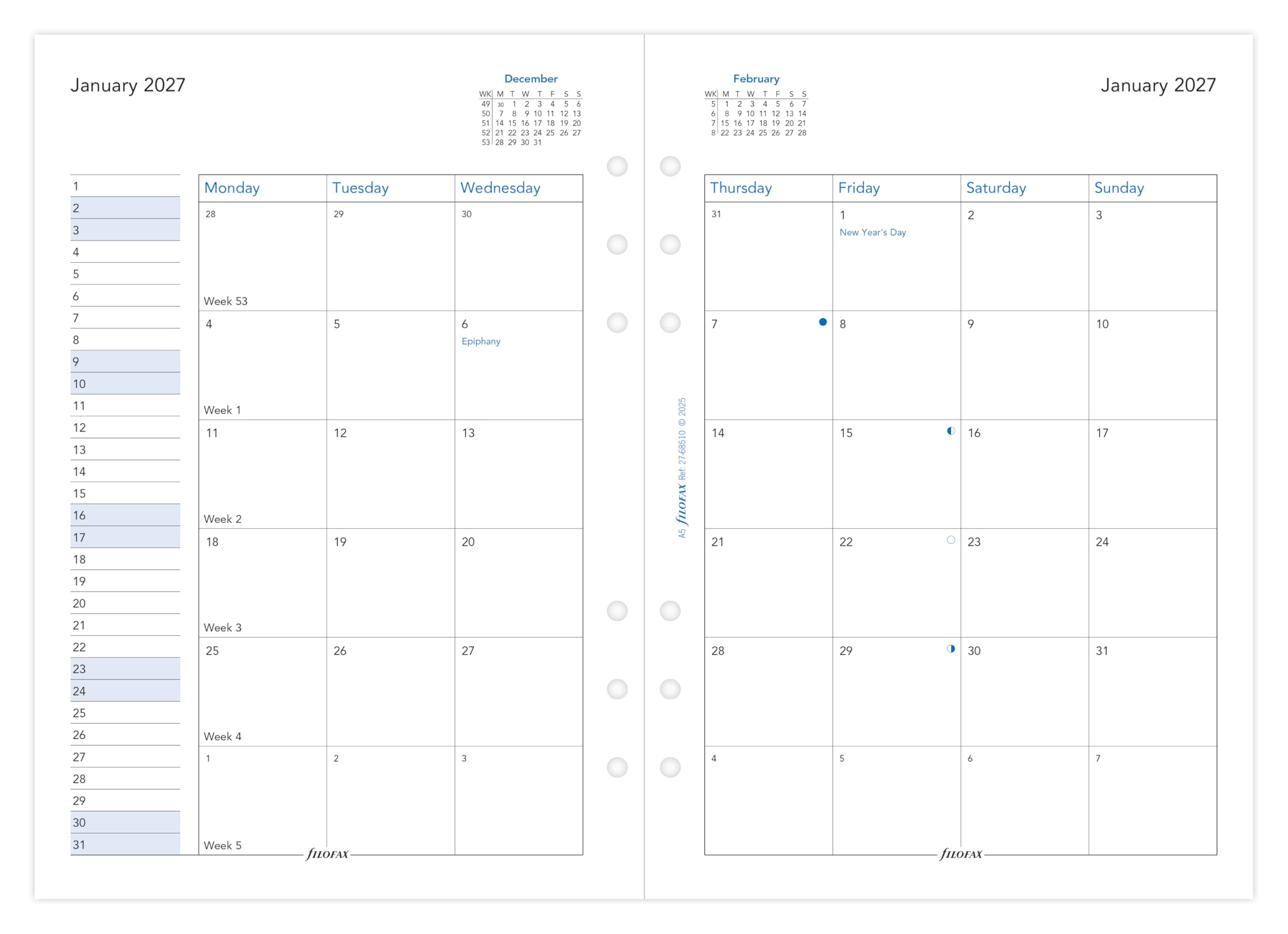 Filofax A5 2027 Diary Refill - Month on Two Pages, English | 148mm x 210mm