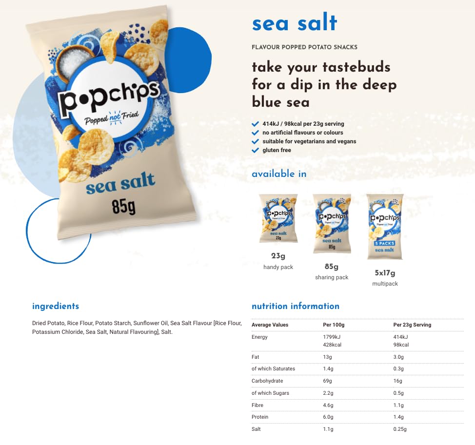 Popchips Sea Salt Potato Crisps, 23g (Pack of 24) - Popped Not Fried, No Artificial Flavours, Vegan Friendly 4