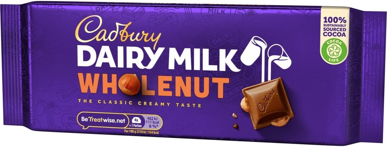 Cadbury Dairy Milk Whole Nut Bar – 180 g Schokoriegel mit ganzen Haselnüssen