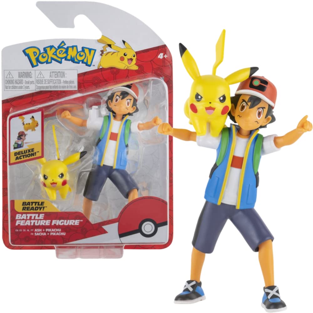 Pokémon Ash & Pikachu Battle Feature Action Figure Set | 4.5-Inch Ash, 2-Inch Pikachu | Ages 6+