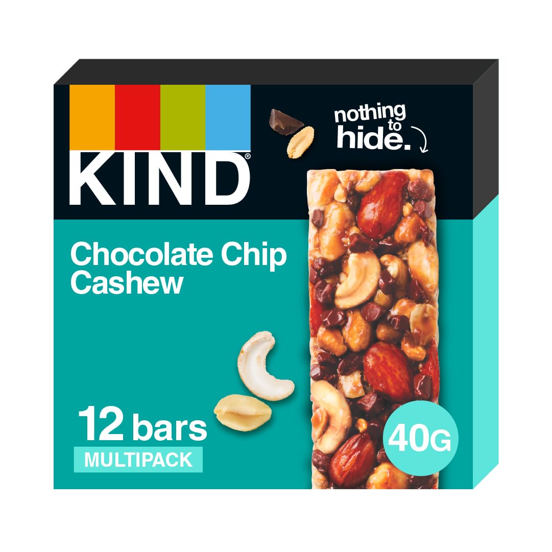 KIND Chocolate Chip Cashew Fruit & Nut Bars - High Fibre, Gluten Free | Pack of 12