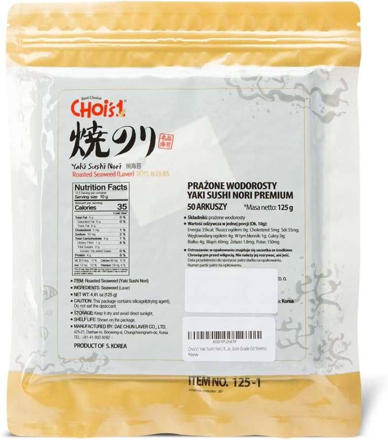DAECHUN Geröstete Sushi-Nori-Algen – Gold Grade Alver, 50 ganze Blätter, wiederverschließbarer Beutel