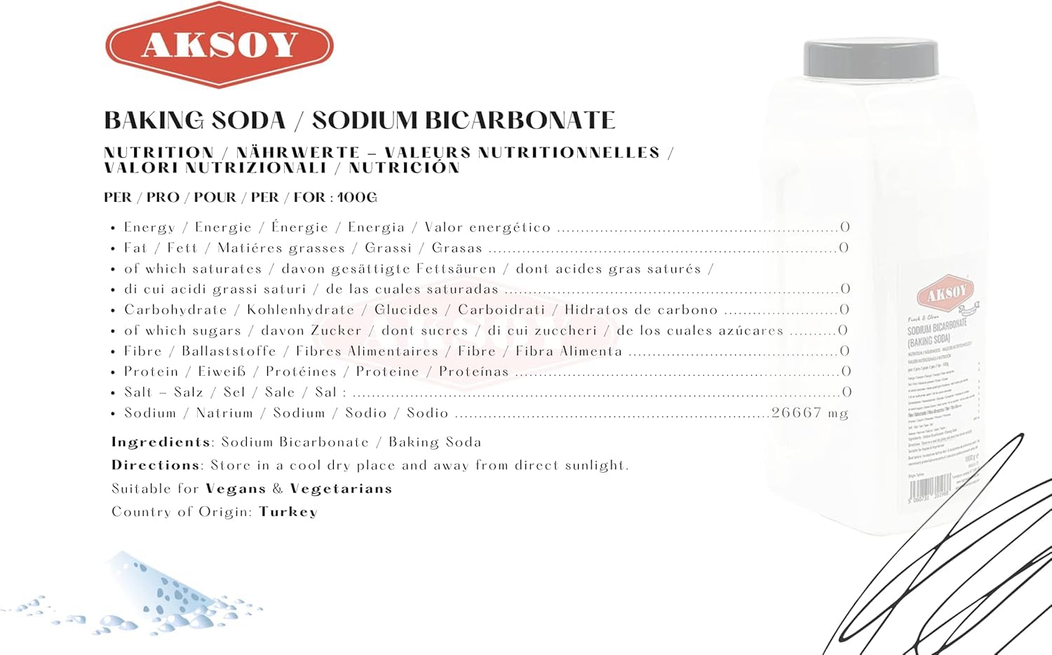 AKSOY Pure Bicarbonate of Soda - 1KG Food Grade Sodium Bicarbonate Powder | Aluminum-Free