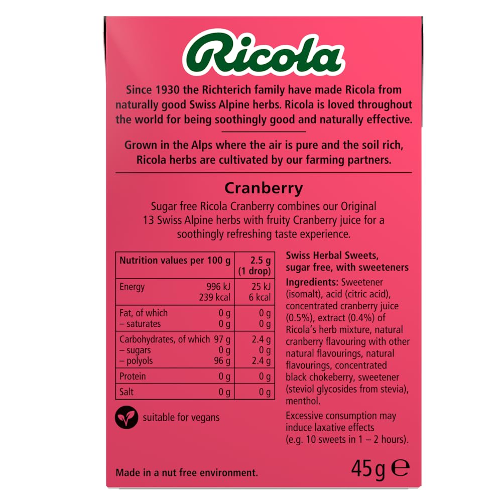 Ricola Cranberry Sugar Free Swiss Herbal Sweets - 45g Box | Sweetened with Stevia 3