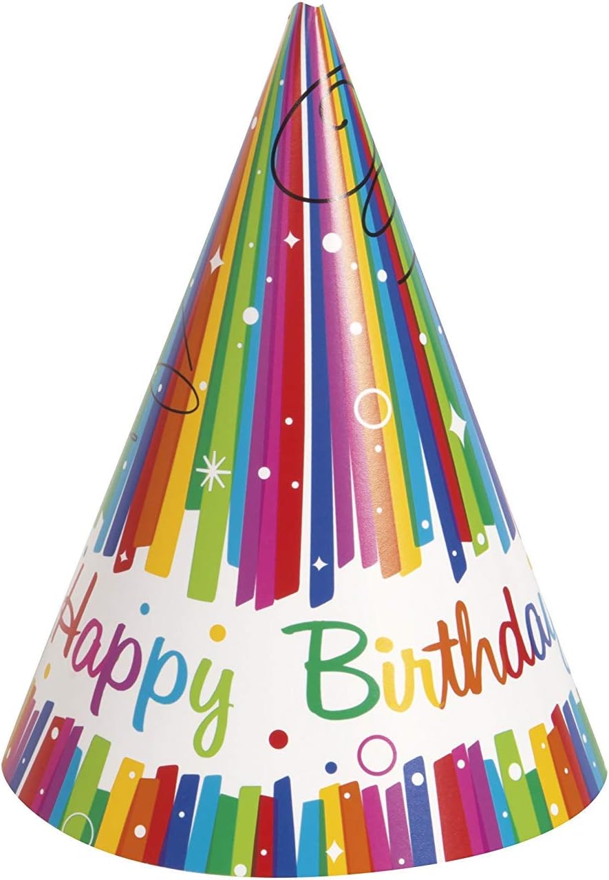 Rainbow Ribbons Birthday Party Hats, Pack of 8 - Cone Paper Hats with Elastic Band