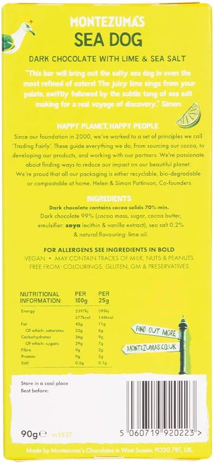 Montezuma - Sea Dog 70% Kakao Zartbitterschokolade mit Meersalz und Limette, veganer glutenfreier Riegel