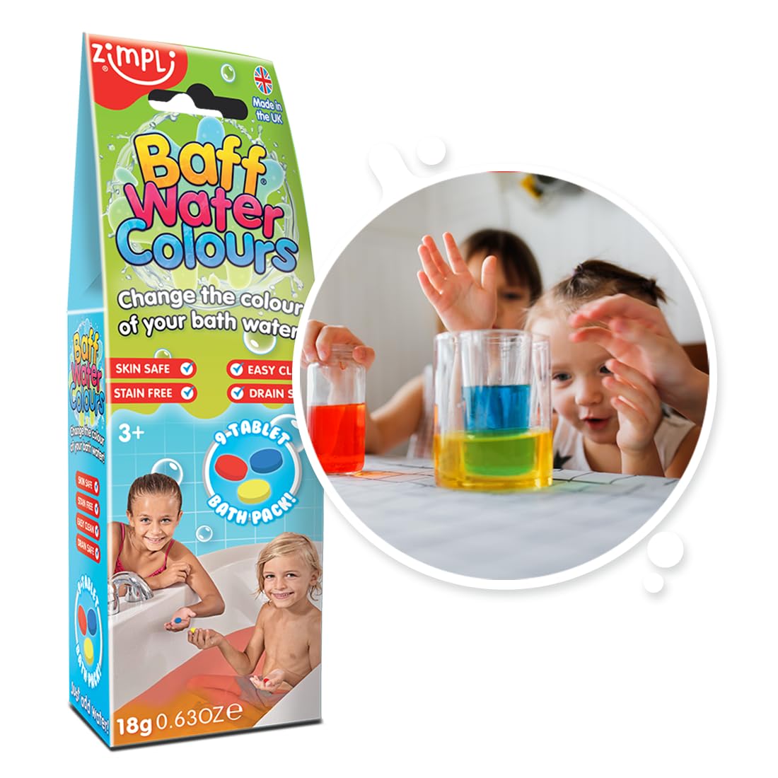 ZIMPLI Baff Water Colours - 9 Use Colour Changing Bath Drops | Vegan Friendly | UK Made
