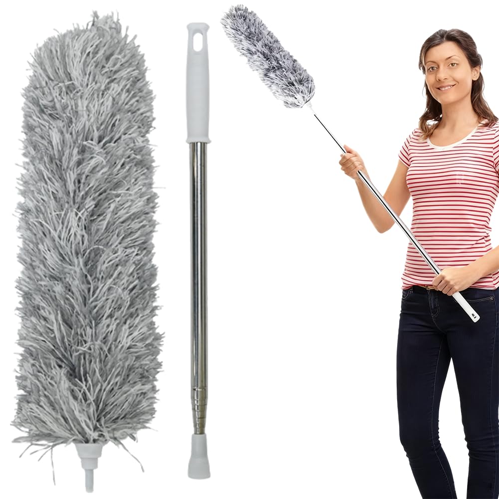 Armo Home Extendable Feather Duster - Telescopic Reach for High Ceilings | Microfibre Head | Grey