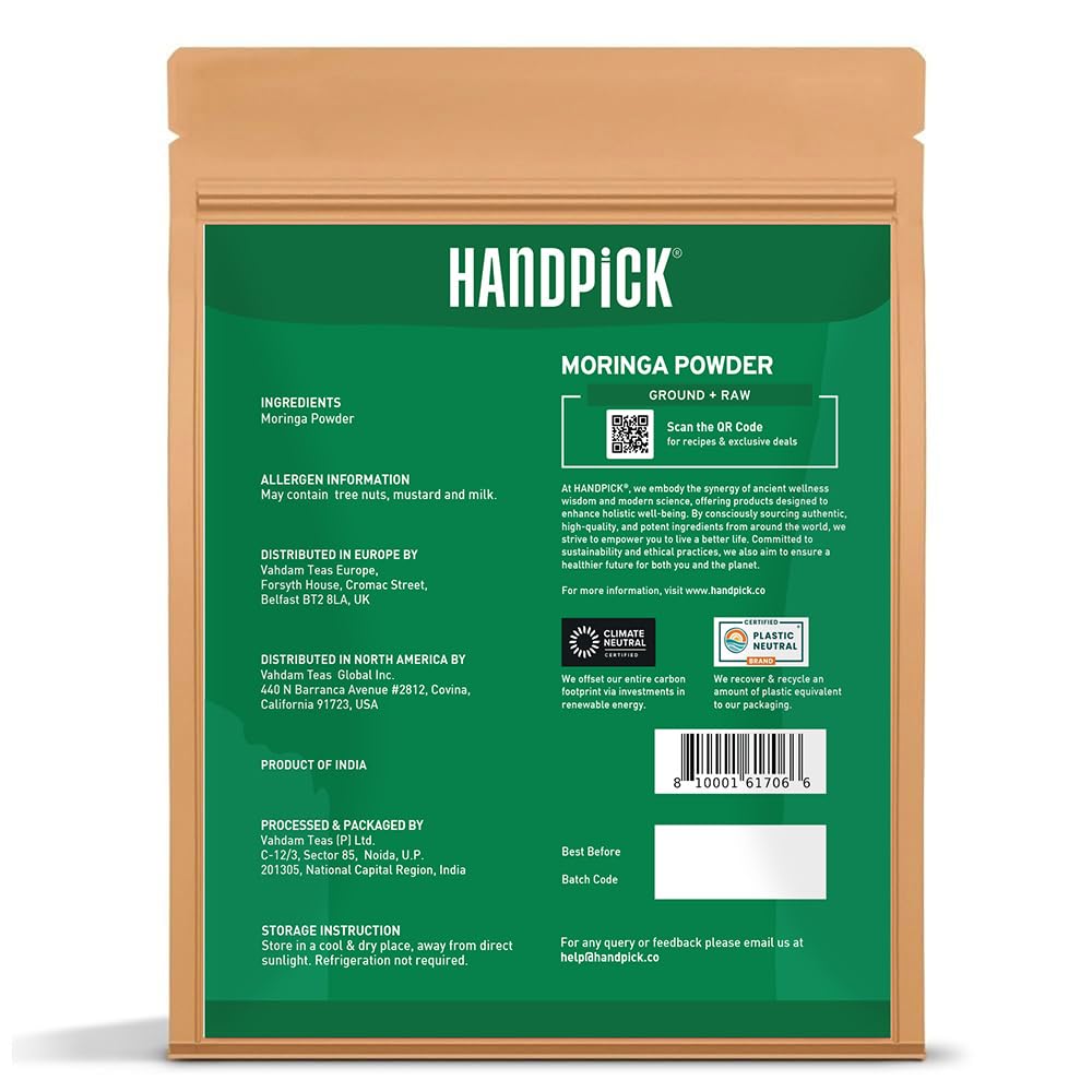 HANDPICK Moringa-Pulver (500 g) – Reine Moringa Oleifera-Blätter | Gentechnikfrei, glutenfrei | Wiederverschließbarer Beutel für Smoothies, Tee und zum Kochen 4