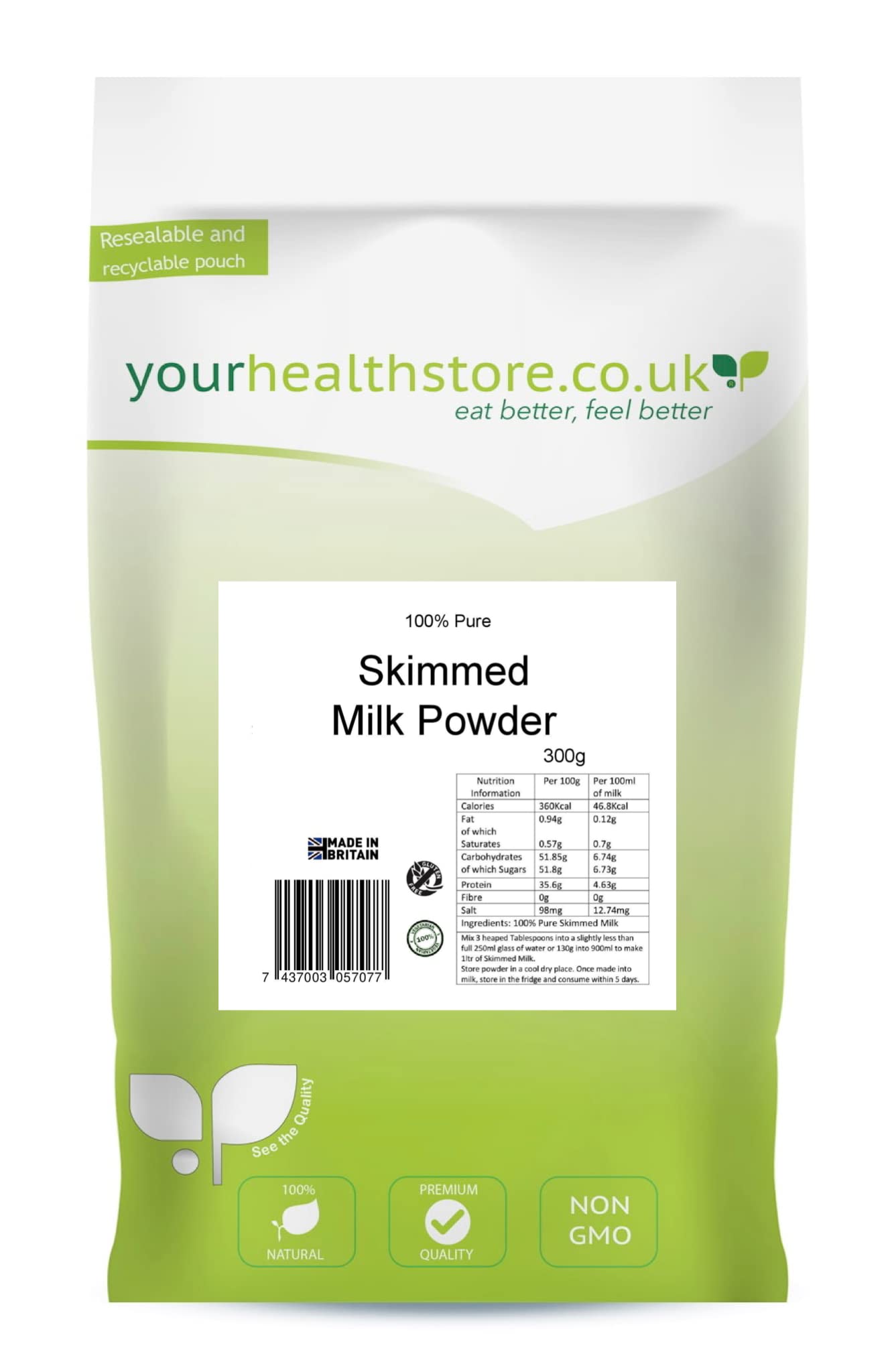 yourhealthstore 100% Pure Skimmed Milk Powder - Gluten Free, Vegetarian | 300g Pouch