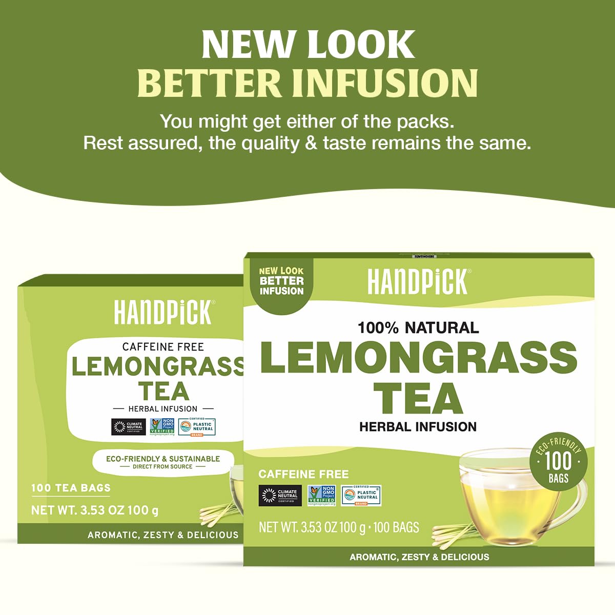 HANDPICK Lemongrass Herbal Tea Bags - 100 Count, Caffeine Free, Non-GMO | Citrus & Mint Flavor