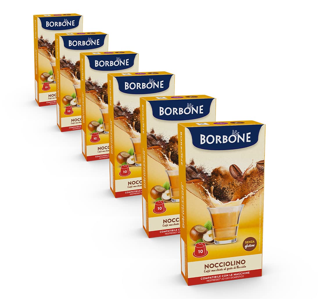 Caffè Borbone Nocciolino – Cappuccino mit Haselnussgeschmack – 60 Kapseln (6 Packungen mit je 10 Stück) – Kompatibel mit Nespresso®-Haushaltsmaschinen 6