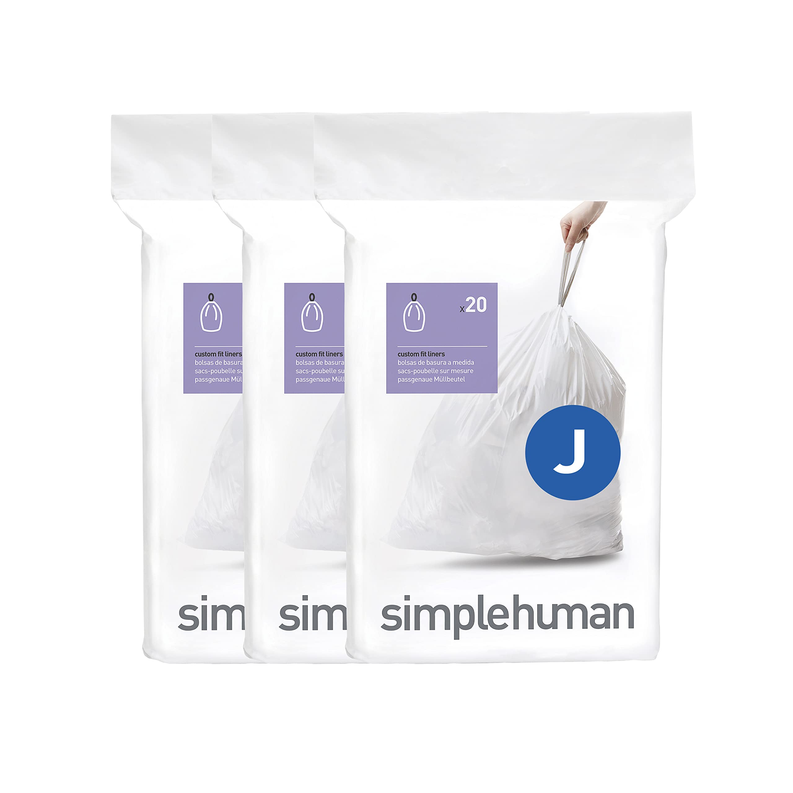 simplehuman CW0259 Code J Custom Fit Bin Liner - 60 Count Bulk Pack, White Plastic, 45 Litre
