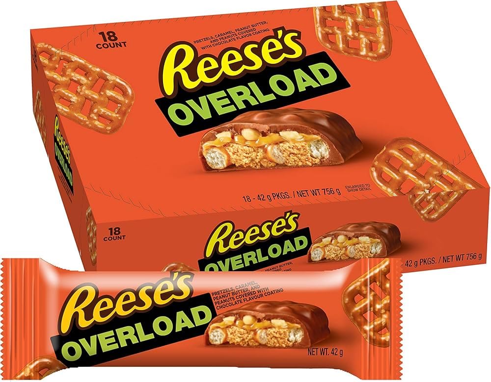 Reese's Overload Peanut Butter, Caramel & Pretzel Chocolate Bars - Pack of 18 (42g Each)