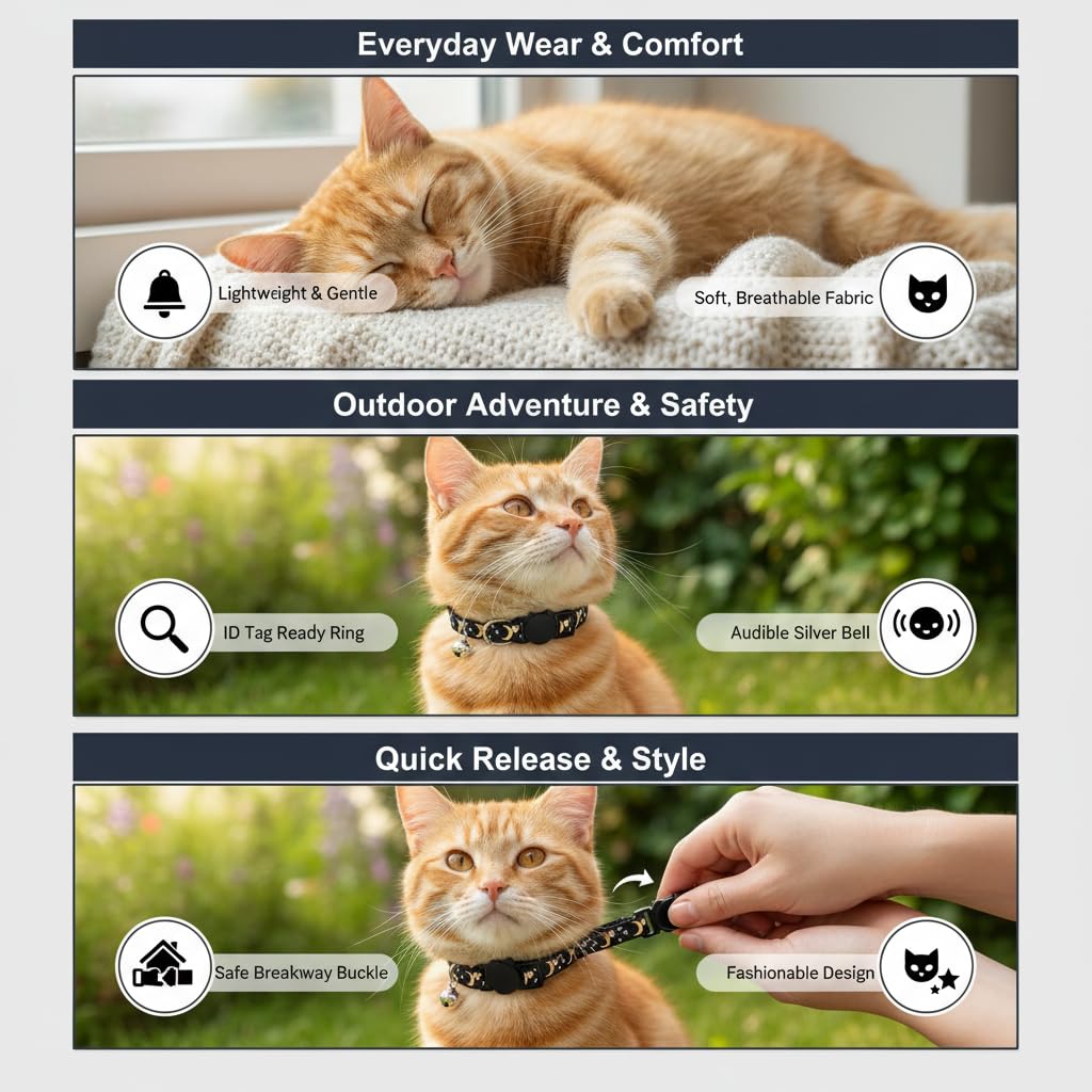 Muexoee Reflective Adjustable Cat Collar with Bell - Moon Star Print, Safety Buckle, Red 6
