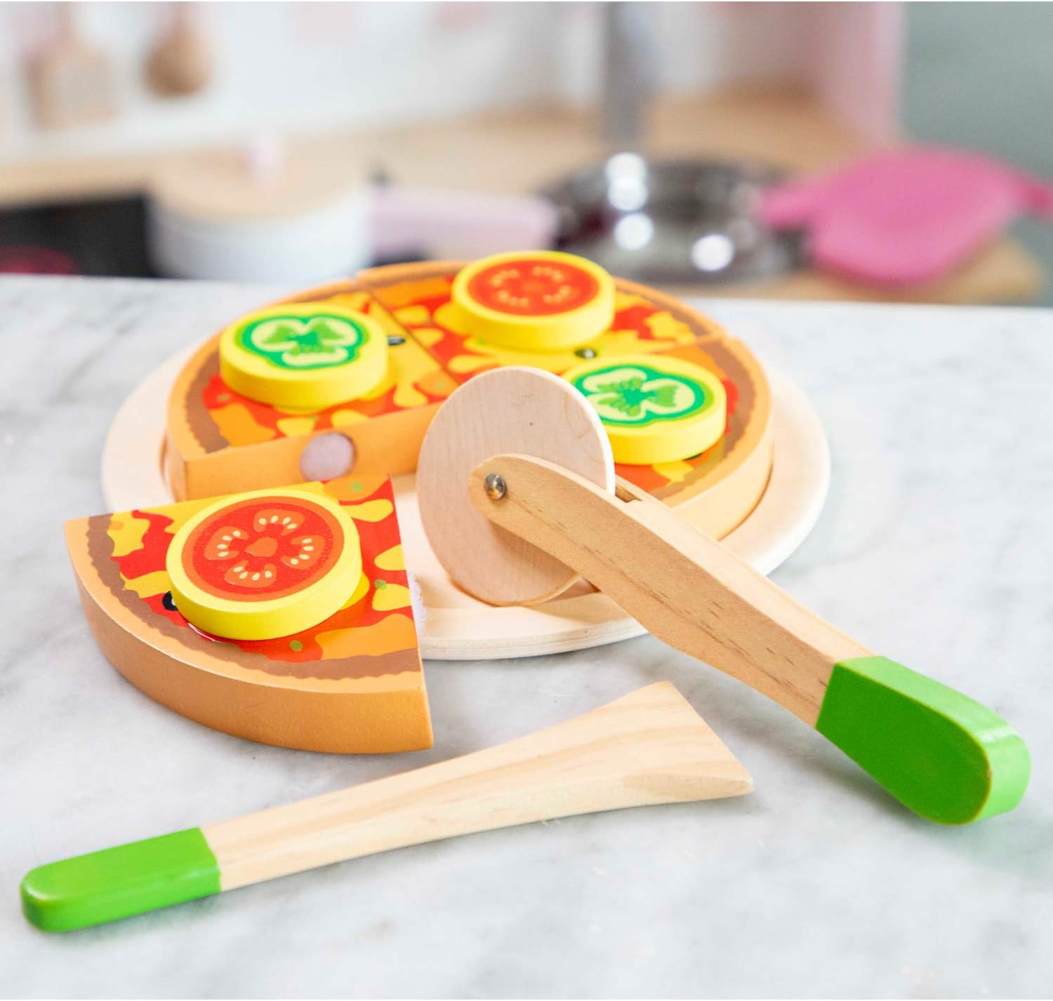 New Classic Toys 10587 Wooden Pretend Play Pizza Set - Educational Cutting & Cooking Toy for Toddlers 2+ 3