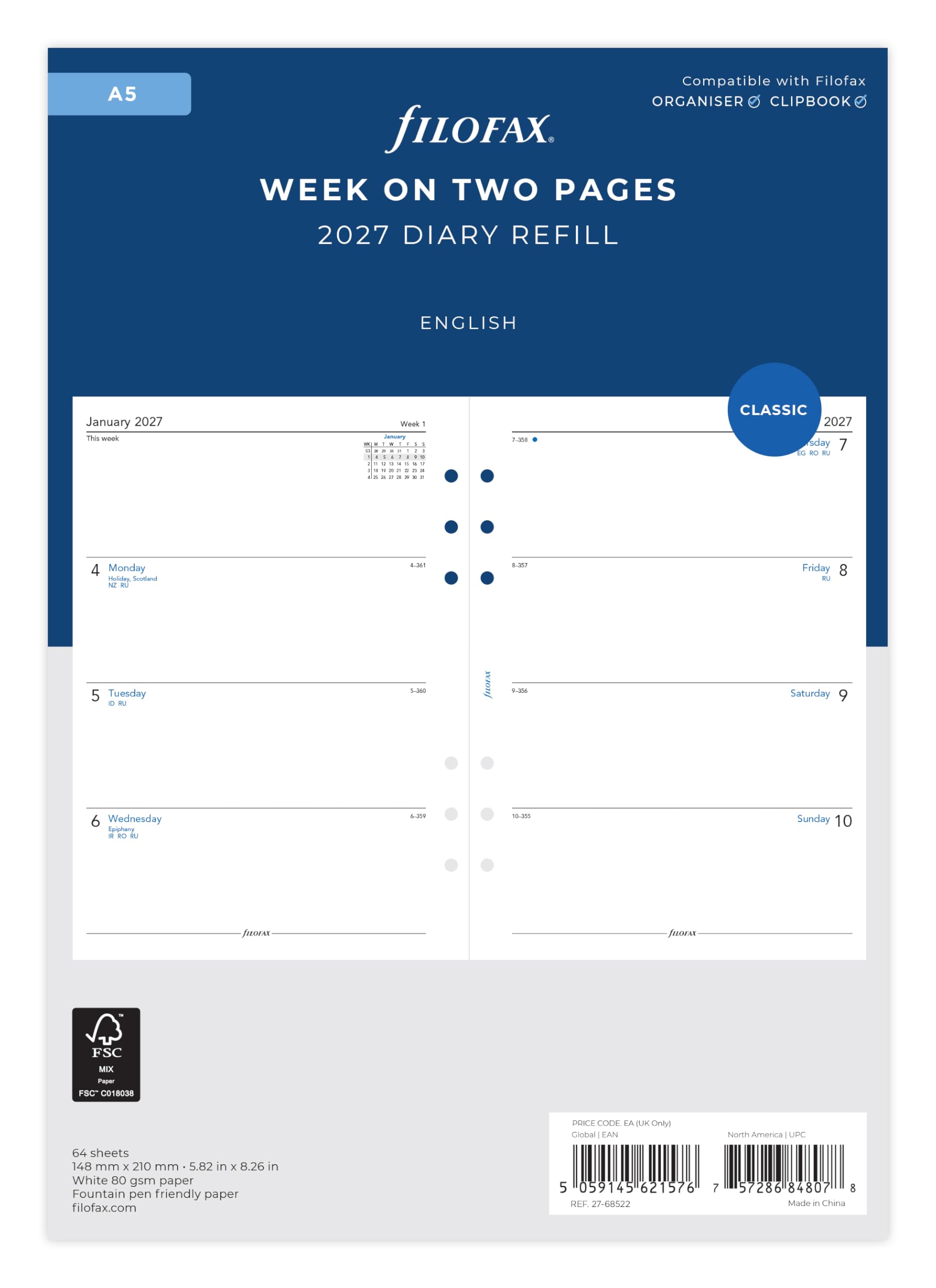 Filofax A5 2027 Diary Refill - Week on Two Pages | 148mm x 210mm | Model 27-68522