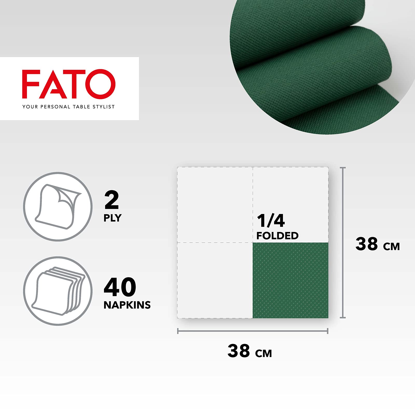 Fato Forest Green 38x38 cm 2-Ply Disposable Paper Napkins, Pack of 40, FSC Certified