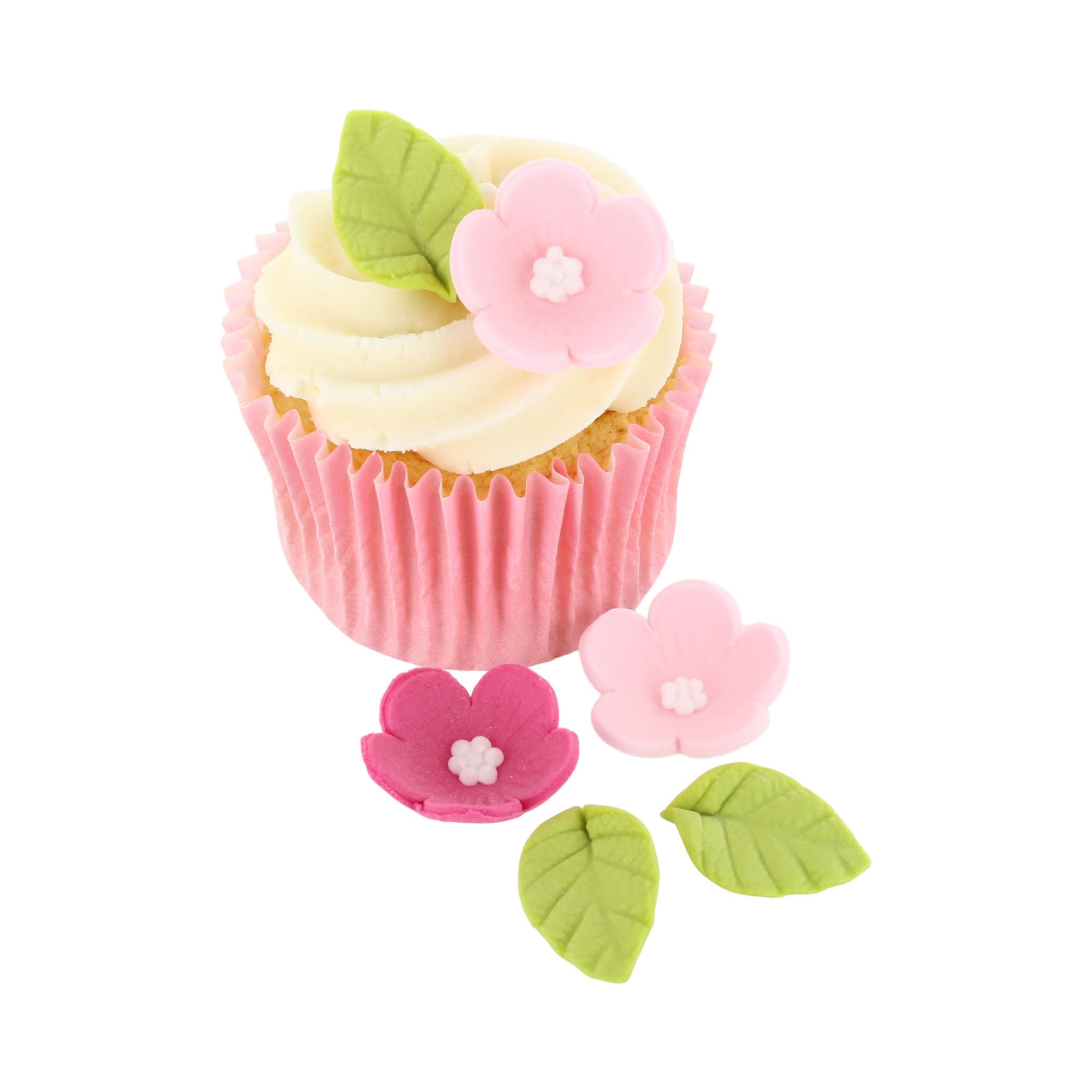 Baked with Love - 12 Pack Handmade Edible Sugar Flowers and Leaves Cupcake Toppers | Pink & Green 6