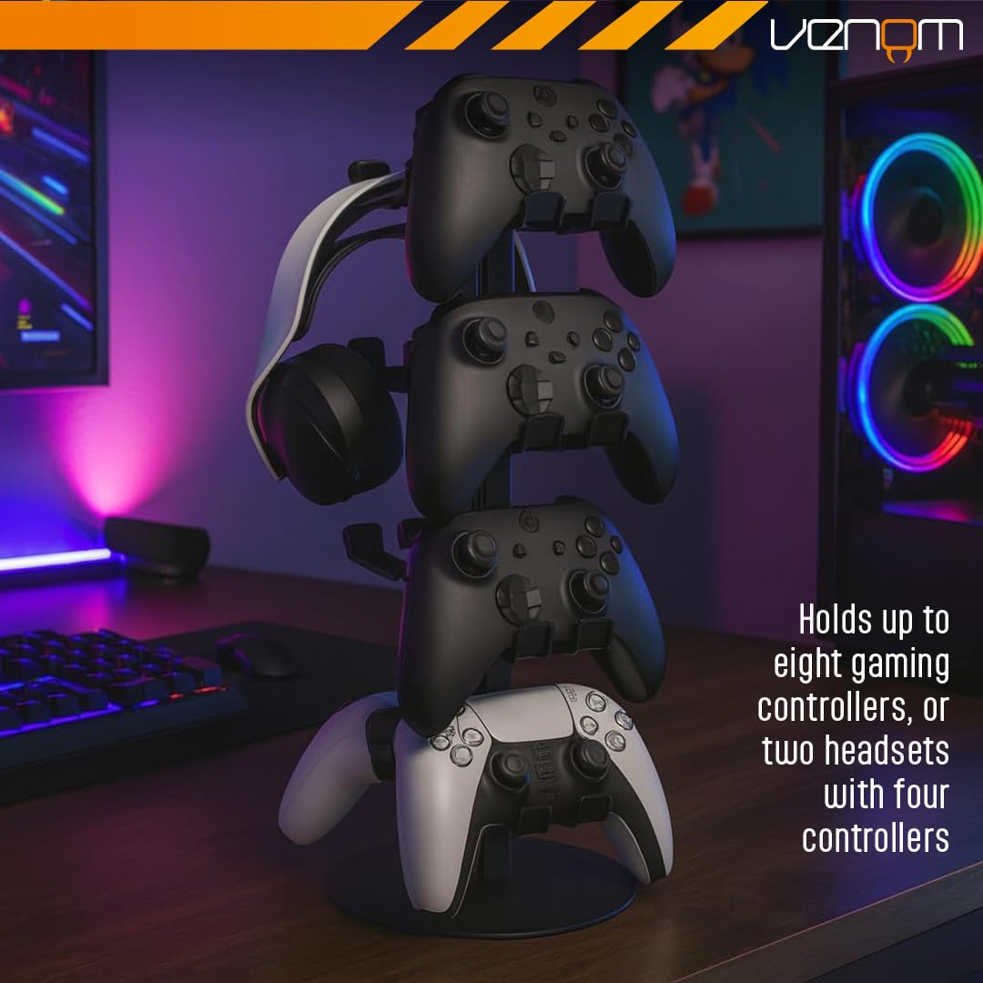 Venom Universal Headset & Controller Stand - 4-Tier Metal Organizer for 8 Controllers | Black 2