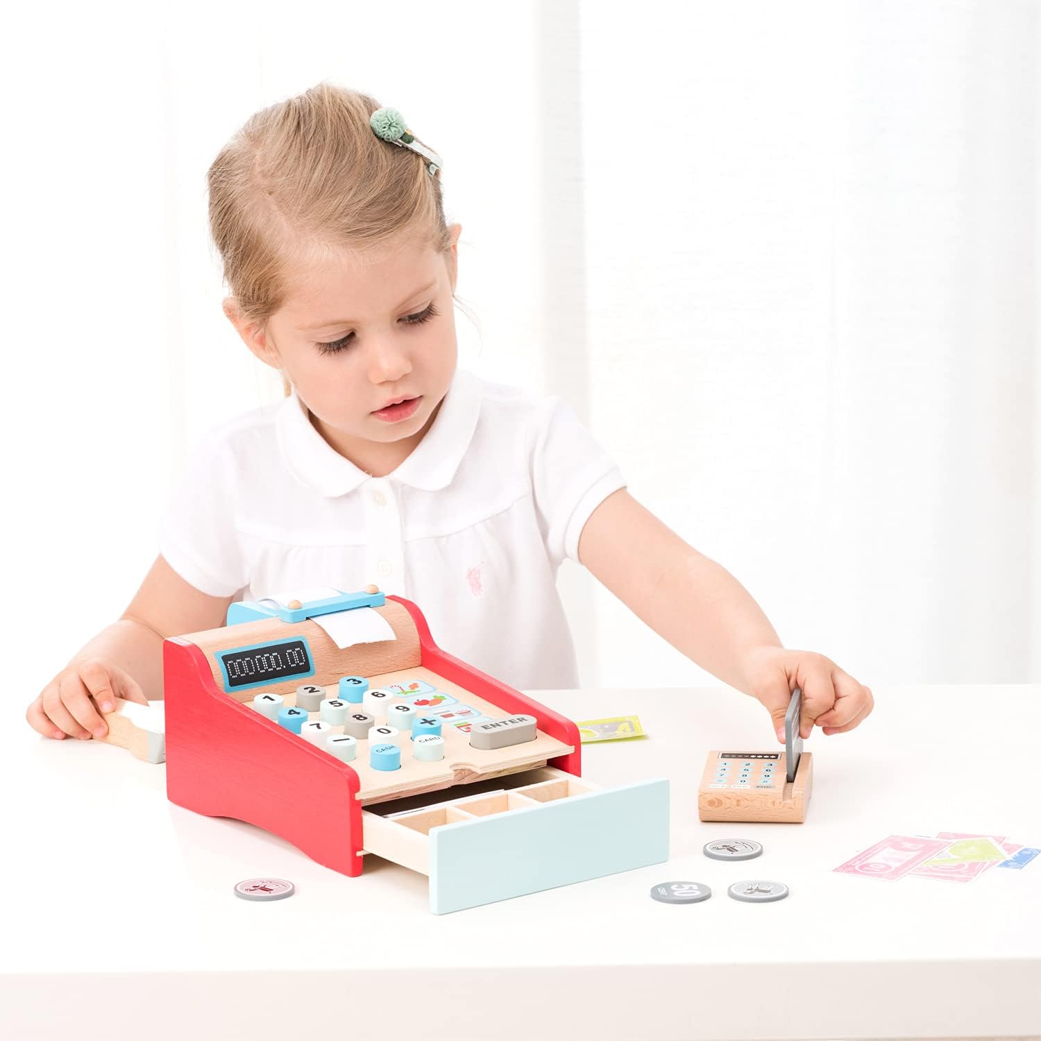 New Classic Toys Bon Appetit Wooden Cash Register Set Pretend Play Toy for Kids 3 Years and Up 3