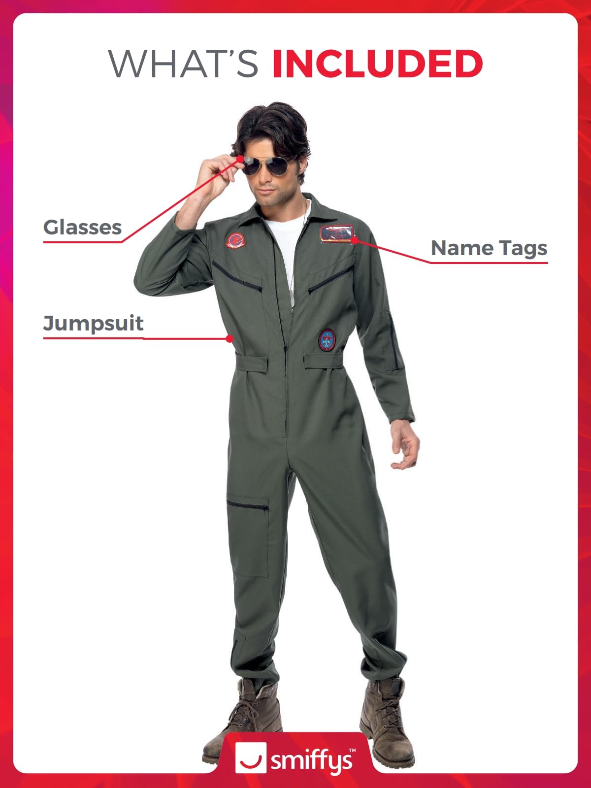 Smiffys Top Gun Costume - Adult Green Jumpsuit with Name Tags & Sunglasses 4