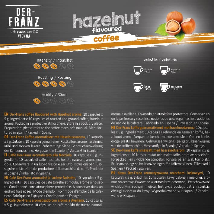 Der-Franz Hazelnut Aroma Coffee Capsules, 60 Capsules (6x10), Nespresso Compatible