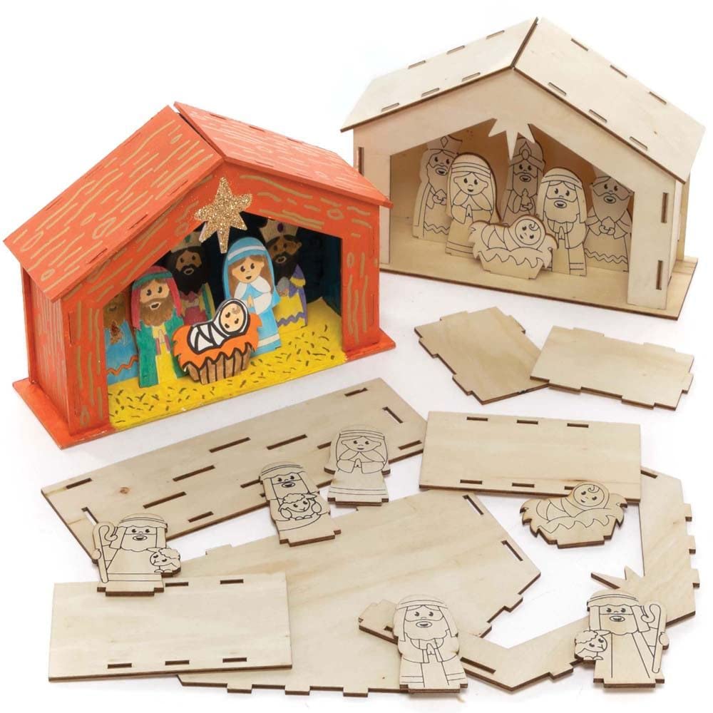 Baker Ross FC248 Wooden Nativity Stable Kit - Pack of 2, DIY Craft for Kids