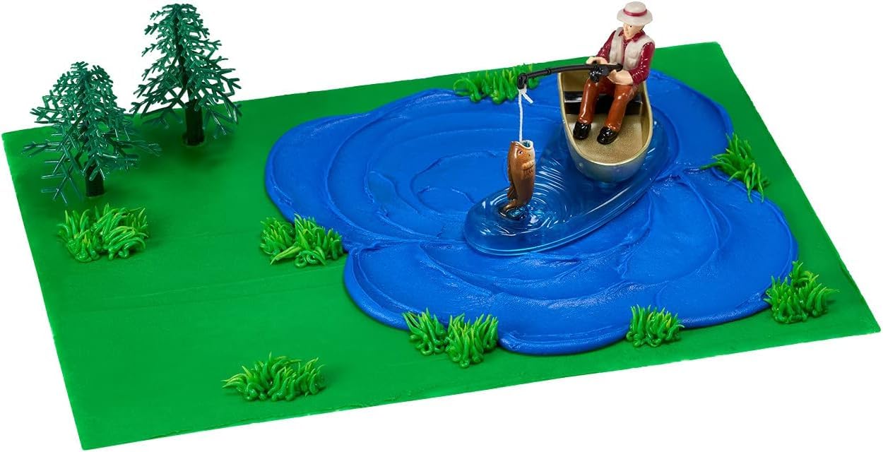 DecoPac Fisherman with Action Fish Cake Topper - 4 Piece Set | Reusable Plastic Decoration 6