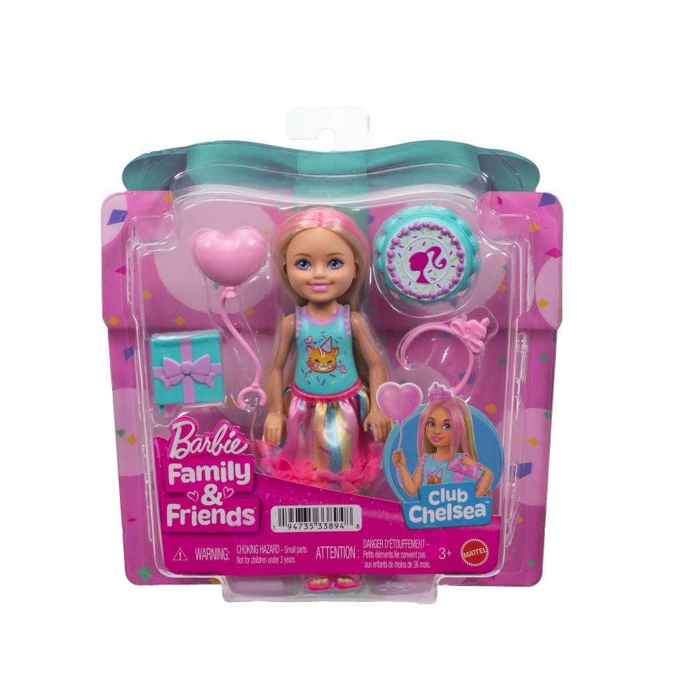 Barbie Club Chelsea 6-Inch Birthday Doll with Pink Streaks, Kitten Top & 4 Accessories | Ages 3+