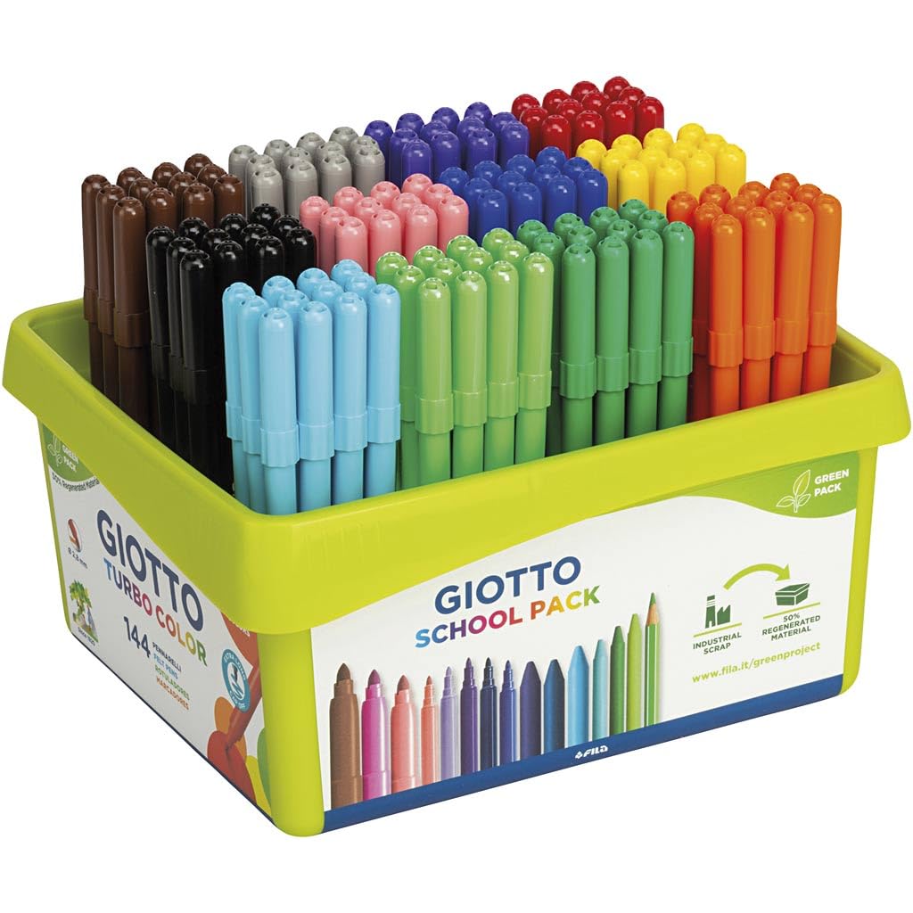 GIOTTO Turbocolor Felt Tip Fibre Pens - 144 Count School Pack | Fine 2.8mm Nib | Washable Ink
