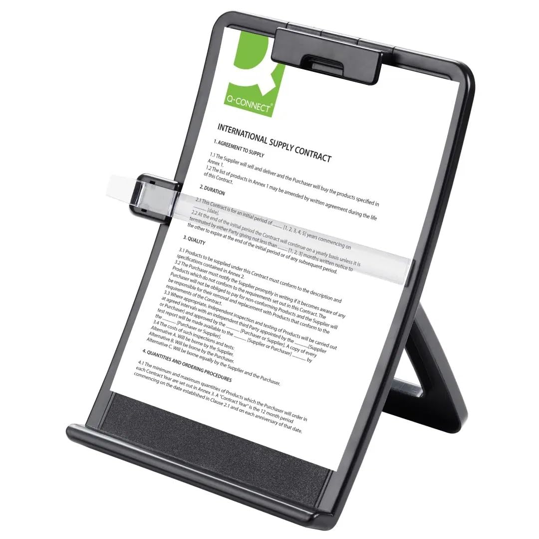 Q-Connect A4 Desktop Copyholder - Built-in Pen Holder | Metal Arm Clamp | White/Grey