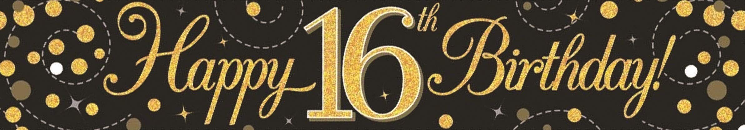 9ft Sparkling Fizz 16th Birthday Banner - Black & Gold Holographic