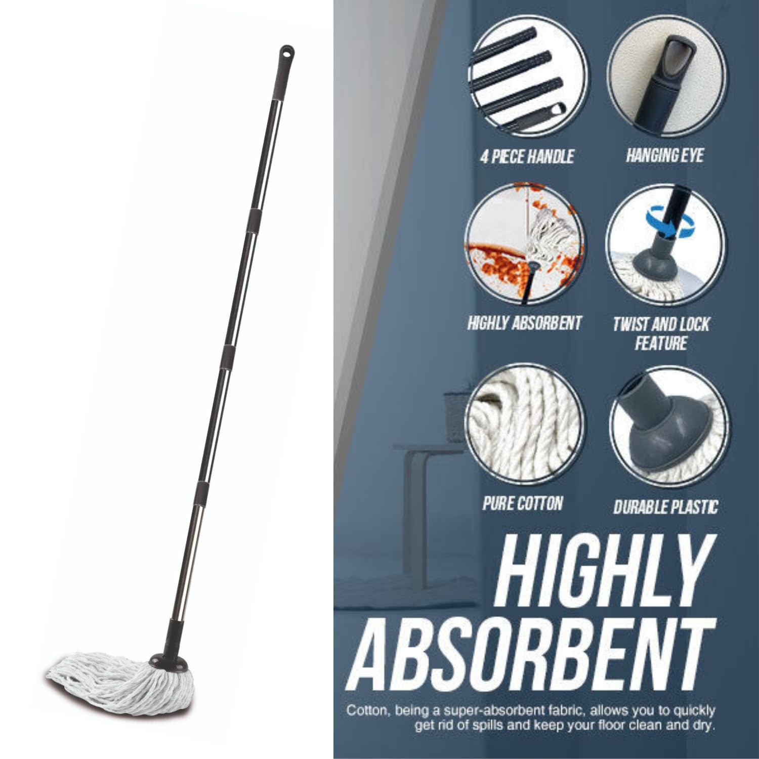 Requisite Needs - 120cm Cotton String Floor Mop with Detachable Adjustable Handle 3