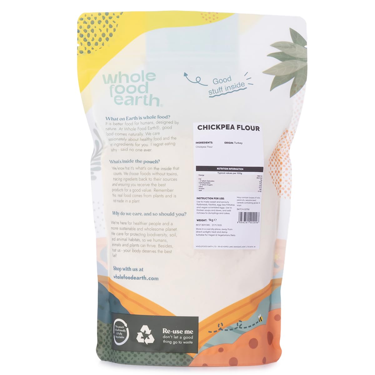 Wholefood Earth Kichererbsenmehl 1 kg – Glutenfreies, gentechnikfreies, ballaststoffreiches Backmehl