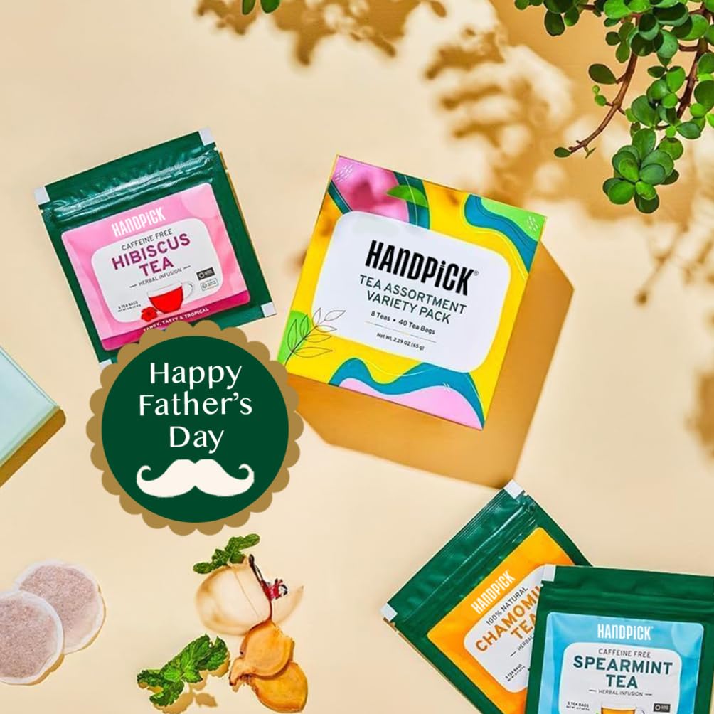 HANDPICK Tea Sampler Gift Box - 8 Flavors, 40 Tea Bags | English Breakfast, Green, Herbal