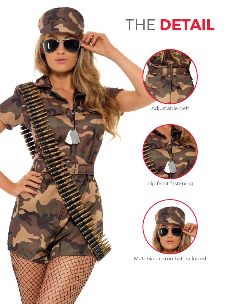 Smiffys Army Girl Costume - Camouflage Jumpsuit with Belt & Hat for Dress Up Play 4