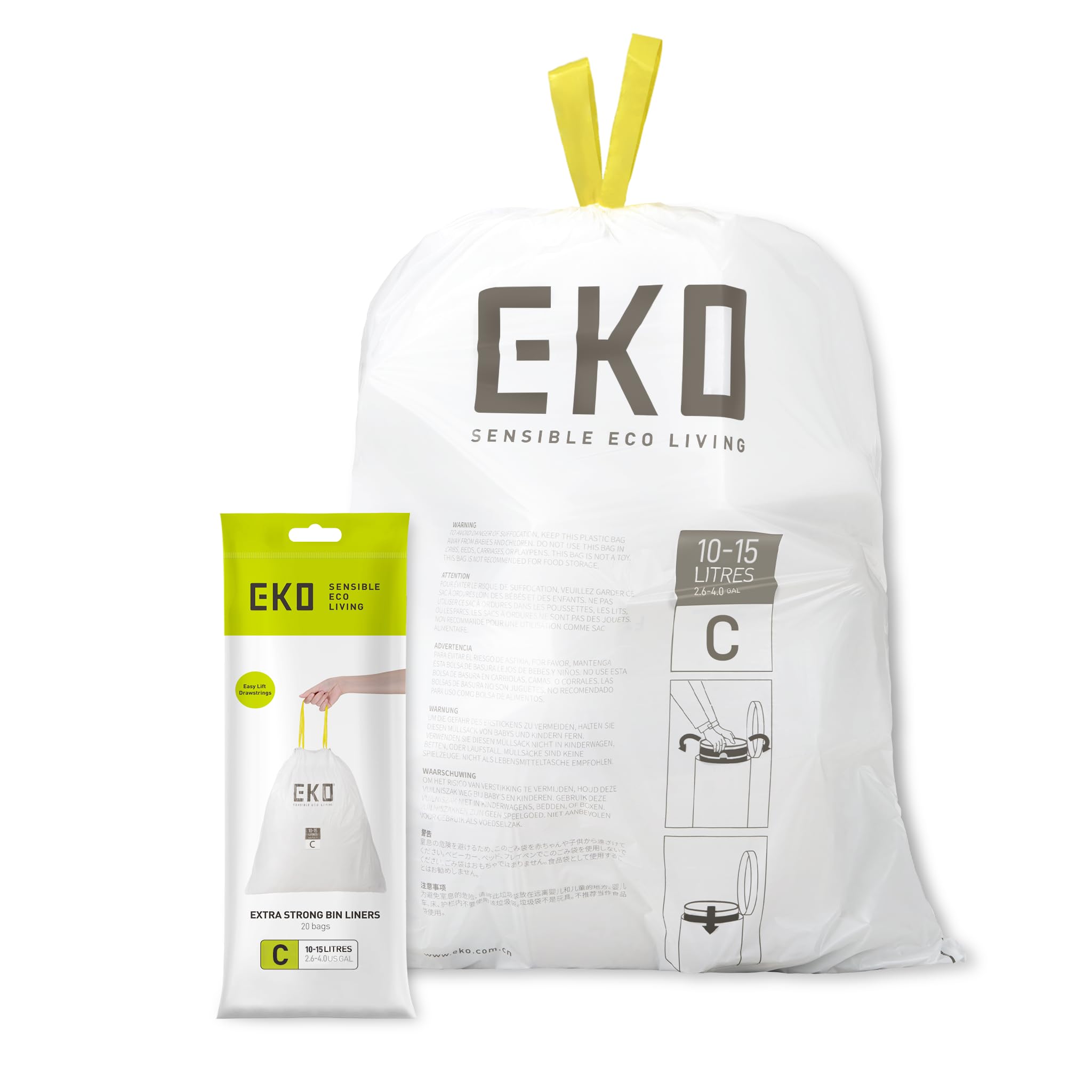 EKO Müllbeutel für Kücheneimer, Größe C, 10–15 Liter Fassungsvermögen, extra stark, mit Kordelzug, 20 Beutel
