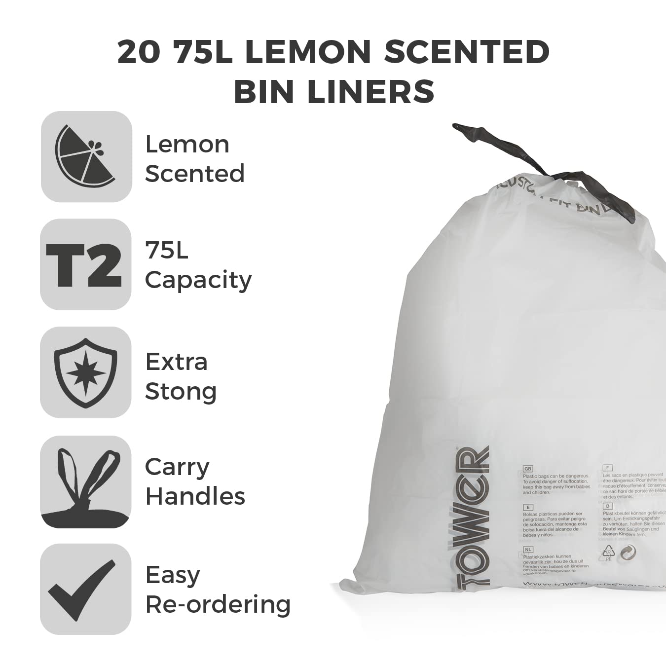 Tower 75L Lemon Scented Bin Liners - 20 Pack, Heavy Duty HDPE Bags