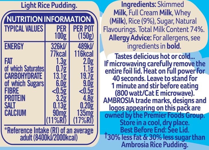 Ambrosia Light Devon Rice Pudding, 30% Less Sugar & Fat, Creamy Ready-to-Eat Dessert