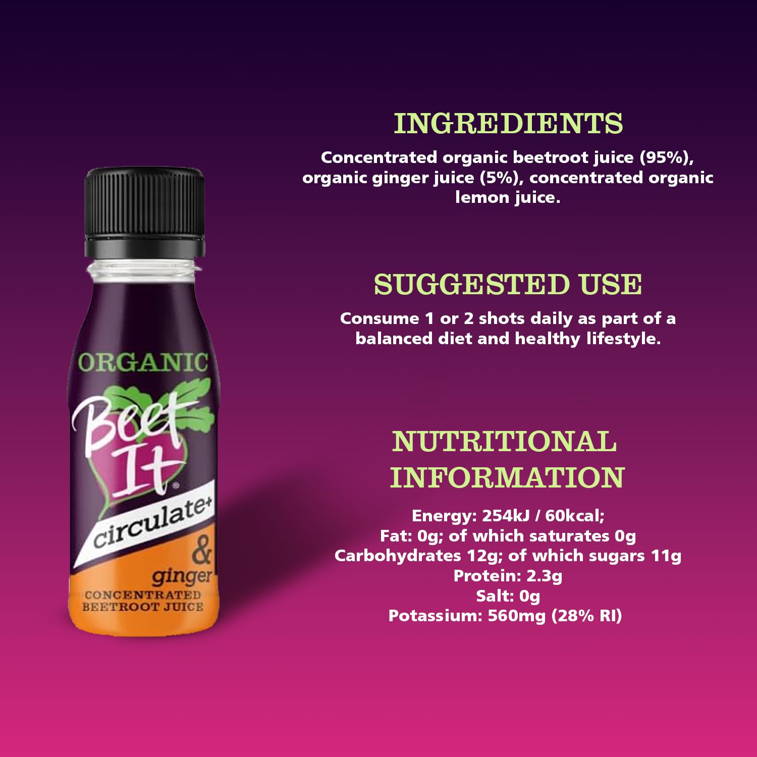 Beet It Organic Ginger Circulate+ Shot – 15 x 70ml, Natural Beetroot & Ginger Juice for Energy & Endurance