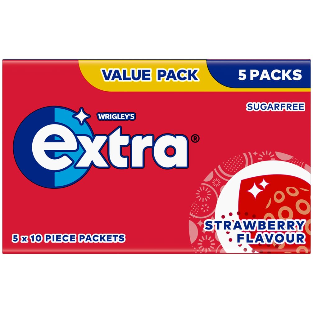Wrigley's Extra Strawberry Flavour Sugar-Free Chewing Gum, 5 Packs of 10 Pieces