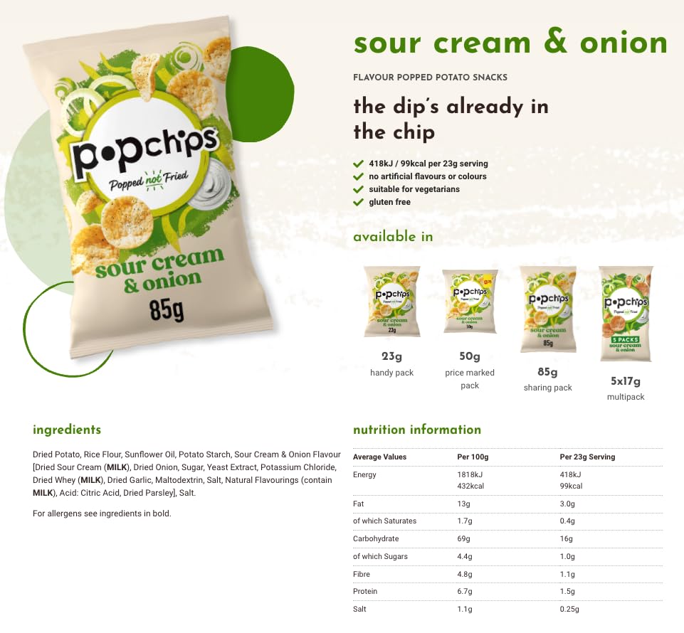 Popchips Sour Cream & Onion Multipack - Light & Crunchy Popped Snacks 4