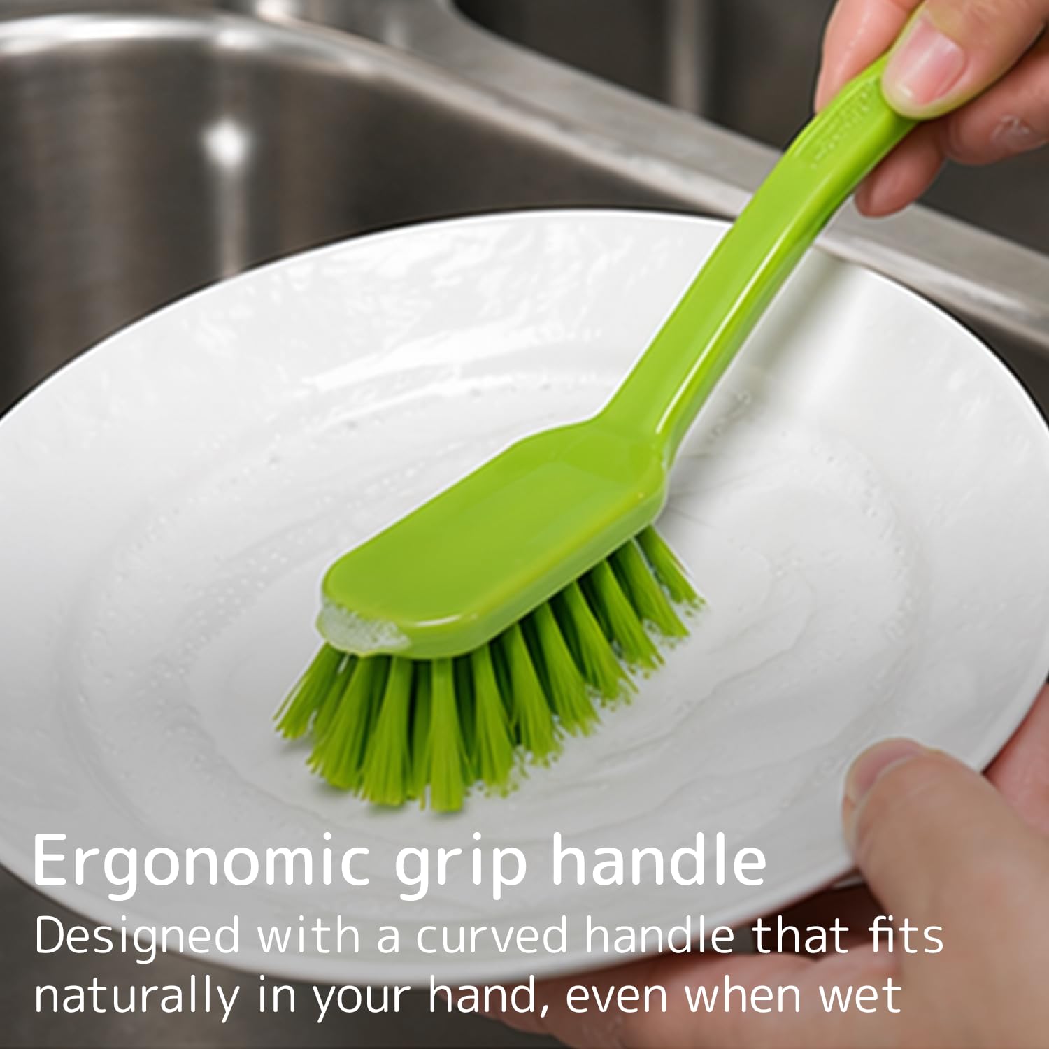 ABENA Green Dish Washing Brush - 27cm Ergonomic Handle | Stiff Nylon Bristles | Scraper Edge 3