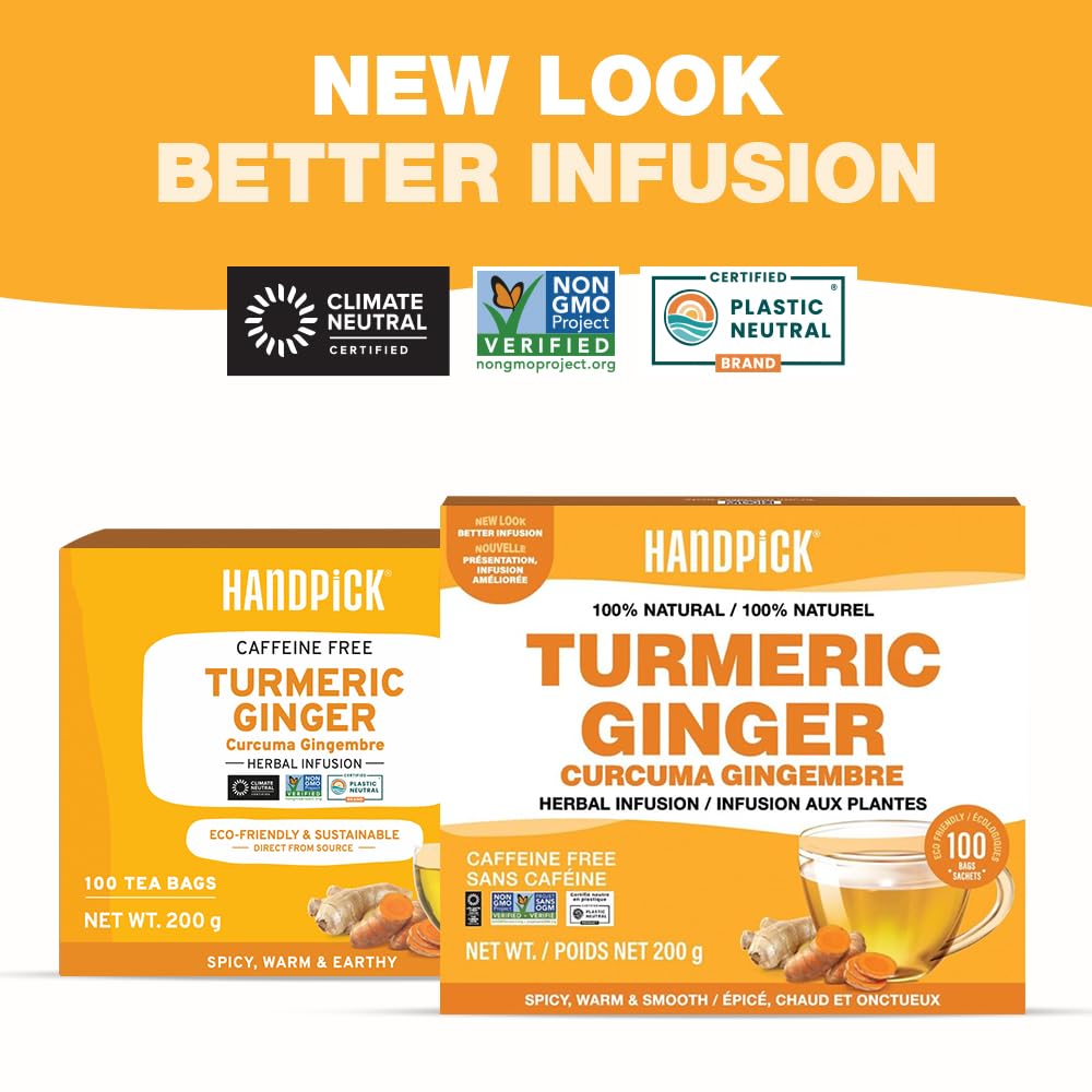 HANDPICK - Turmeric Ginger Tea Bags (100 Herbal Tea Bags) Caffeine Free, Non-GMO, Eco-Conscious Packaging 8