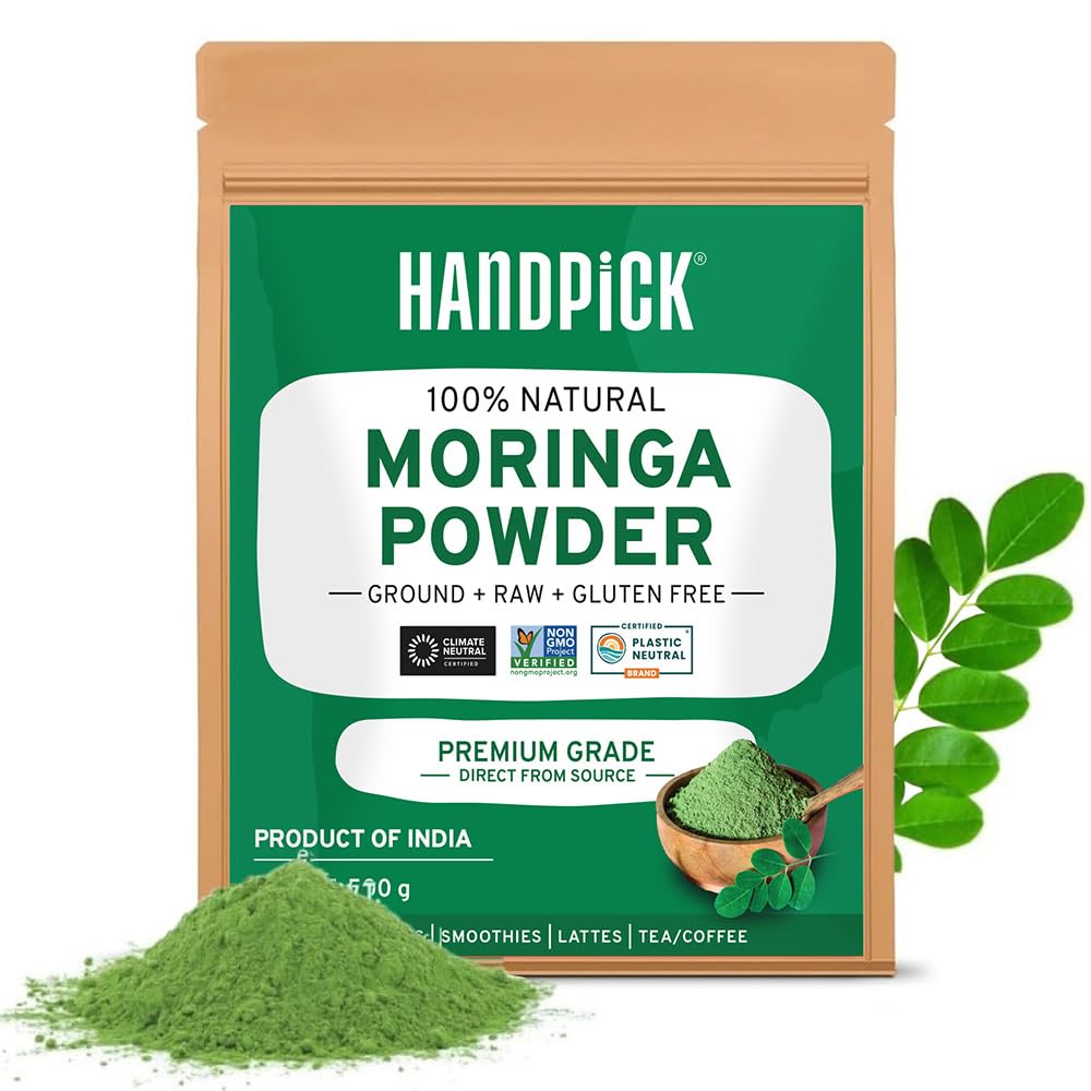 HANDPICK Moringa-Pulver (500 g) – Reine Moringa Oleifera-Blätter | Gentechnikfrei, glutenfrei | Wiederverschließbarer Beutel für Smoothies, Tee und zum Kochen